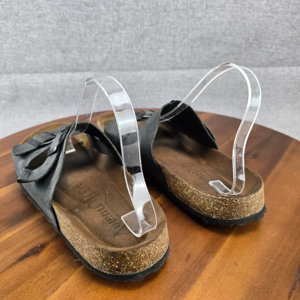 Aurenti Genuine Leather Black Double Strap Buckle Cork Footbed SlideSandals SZ11